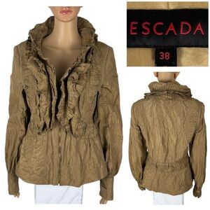 Escada Womens 38 Jacket Brown Ruffled Taffeta Ruched Polyester Metal Wrinkled